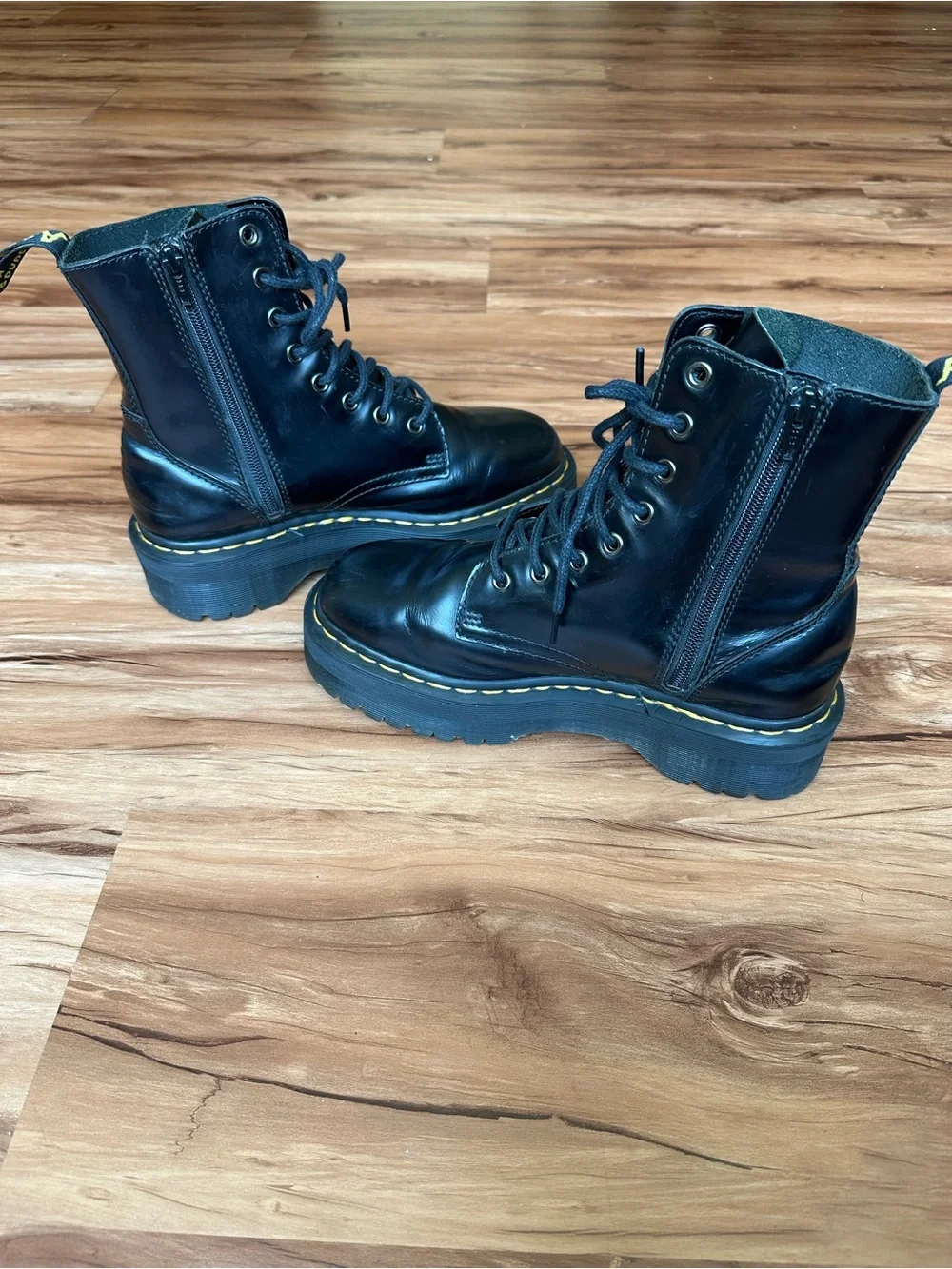 Dr. Martens Black Leather Platform Combat Boots with Yellow Stitching